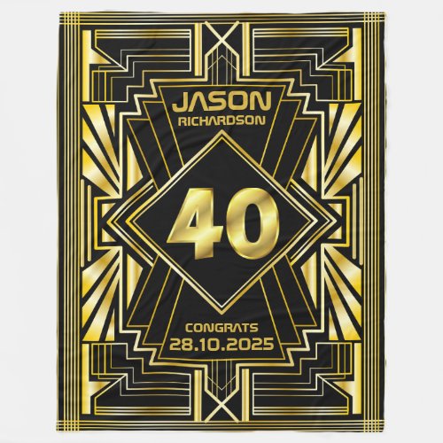 40th Birthday Art Deco Gold Black Great Gatsby Fleece Blanket