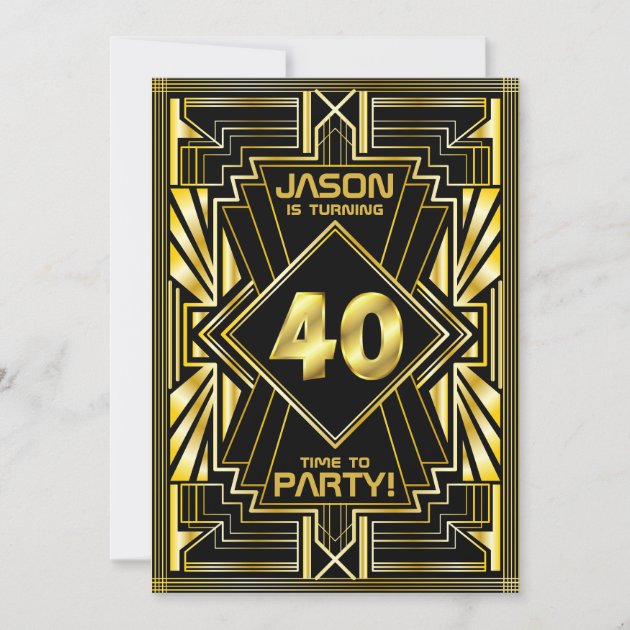 40th Birthday Art Deco Gold Black Great Gatsby Invitation | Zazzle