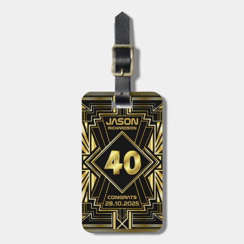 40th Birthday Art Deco Gold Black Great Gatsby Luggage Tag