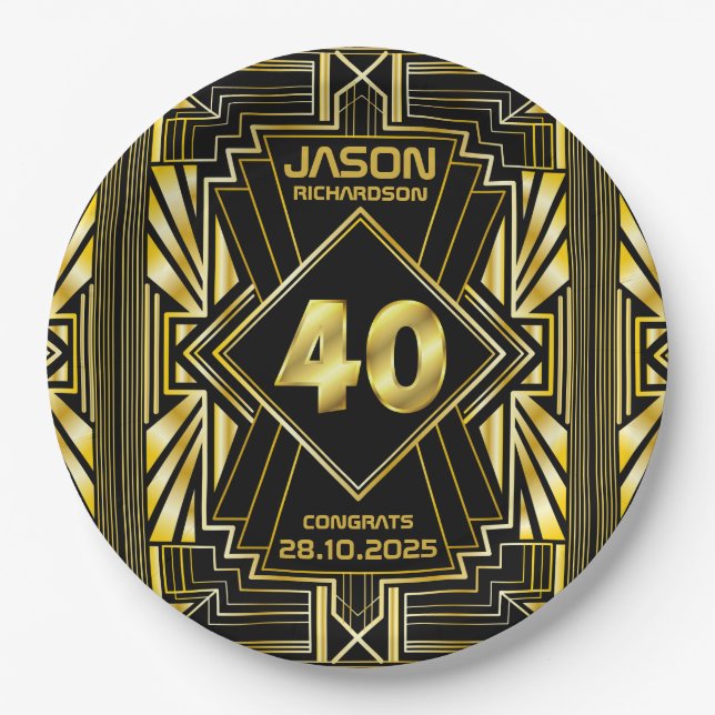 40th Birthday Art Deco Gold Black Great Gatsby Paper Plates (Front)