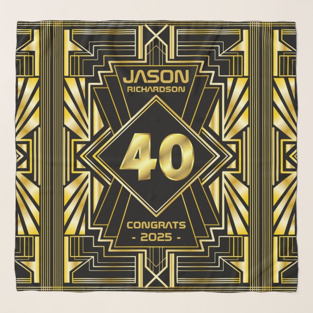 40th Birthday Art Deco Gold Black Great Gatsby Scarf (Front)