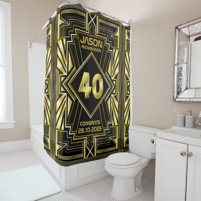 40th Birthday Art Deco Gold Black Great Gatsby Shower Curtain (In Situ)