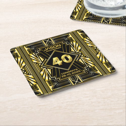 40th Birthday Art Deco Gold Black Great Gatsby Square Paper Coaster
