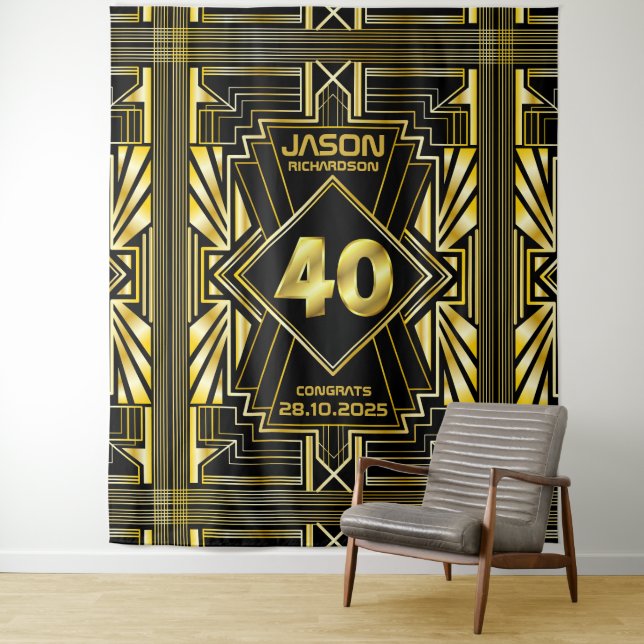 40th Birthday Art Deco Gold Black Great Gatsby Tapestry (In Situ)