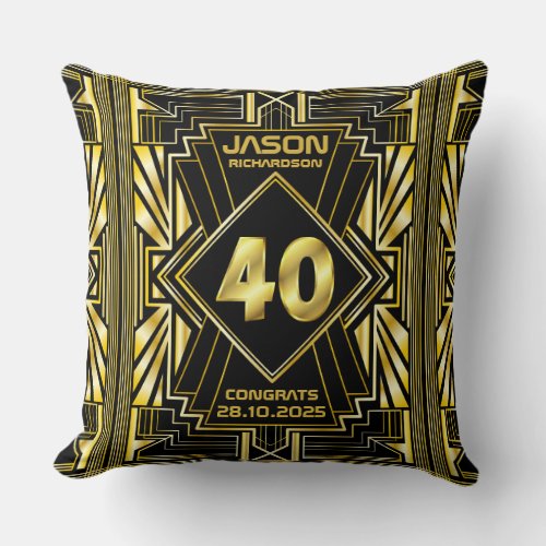 40th Birthday Art Deco Gold Black Great Gatsby Throw Pillow