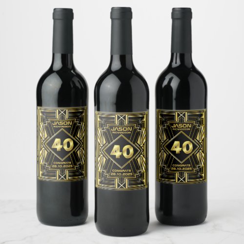 40th Birthday Art Deco Gold Black Great Gatsby Wine Label