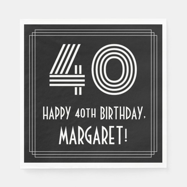 40th Birthday: Art Deco Inspired Look "40" + Name Napkins (Front)