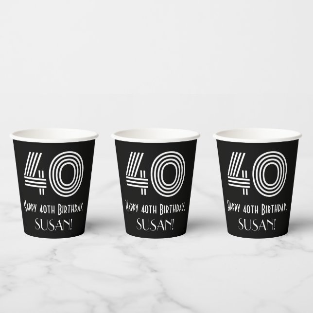 40th Birthday — Art Deco Inspired Look “40” + Name Paper Cups (Multi)