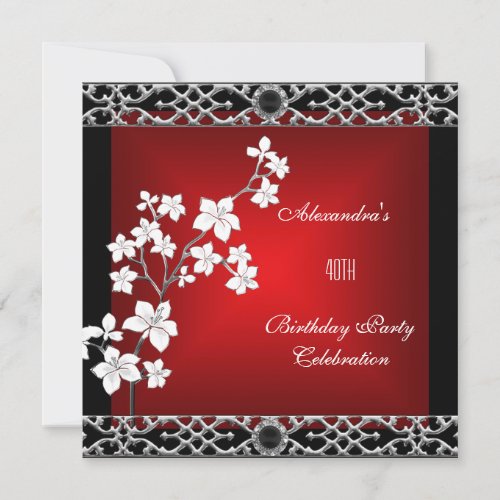 40th Birthday Asian Red Black Floral Silver White Personalized Invites