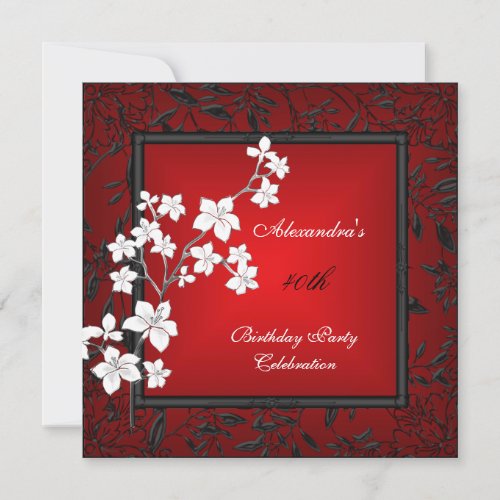 40th Birthday Asian Red Black Floral Silver White Custom Invitation