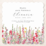 40th Birthday August Birth Month Flower Custom Paper Coaster<br><div class="desc">Perfect table decor for an August birthday party. Pink gladiolus is the birth flower for that month. It forms a pretty watercolor bottom border on this floral personalized coaster. The birthday guest of honor's name, age and birthdate are placed above it using elegant calligraphy and typography. All text is editable....</div>
