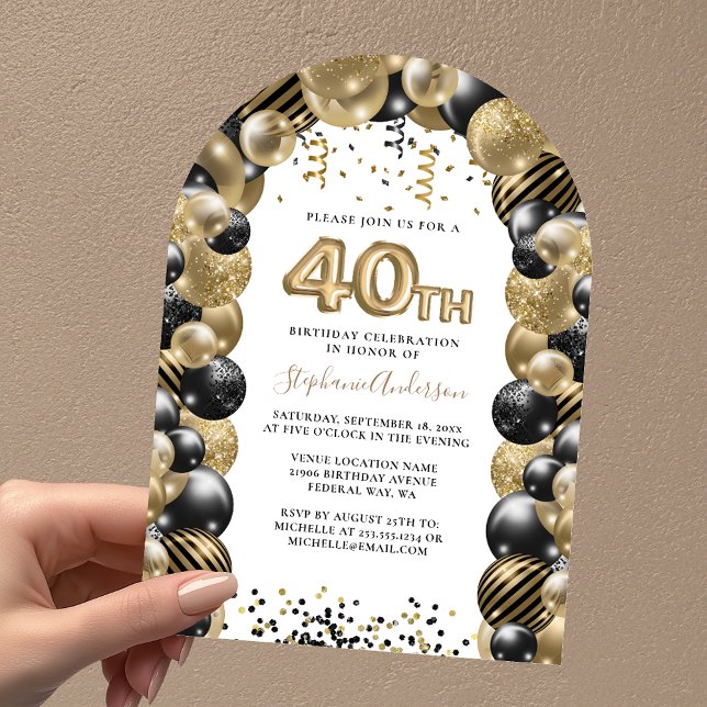 40th Birthday Balloon Gold Black Sparkle Invitatio Invitation (40th Birthday Balloon Gold Black Sparkle Invitatio Invitation)