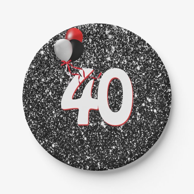 40th Birthday Balloons on Black Glitter Paper Plates (Front)