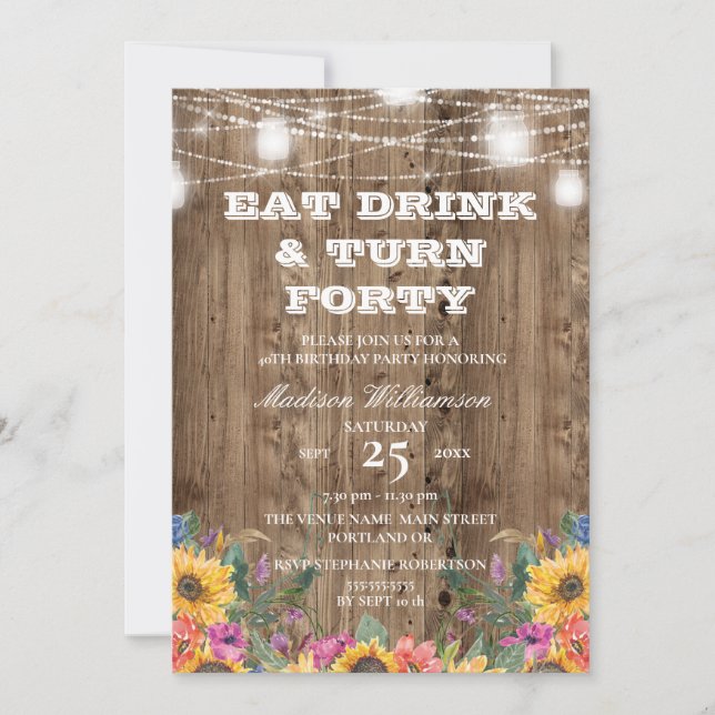  40th Birthday Barn Wood Mason Jar  & Sunflower   Invitation (Front)