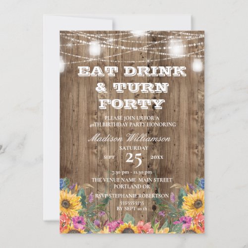  40th Birthday Barn Wood Mason Jar   Sunflower   Invitation