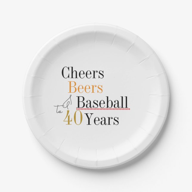 40th Birthday Baseball Cheers and Beers Party Paper Plates (Front)