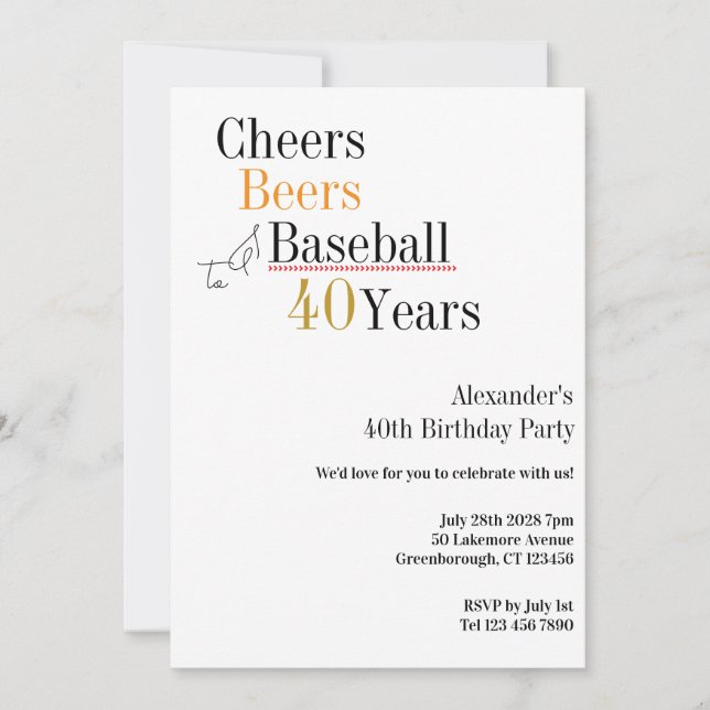 40th Birthday Baseball Cheers Beers 40 Years Party Invitation (Front)