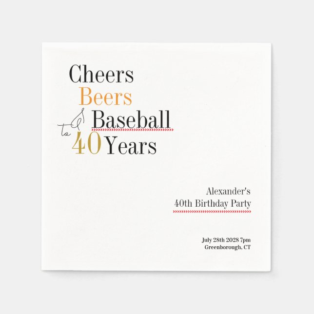 40th Birthday Baseball Cheers Beers Minimal Party Napkins (Front)