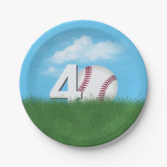 40th Birthday Baseball In Green Grass Paper Plates (Front)