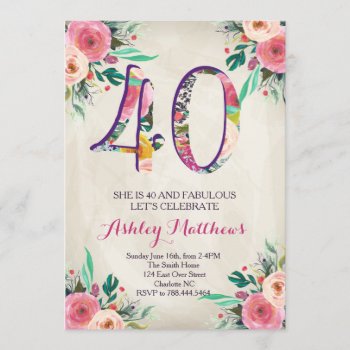 40th Birthday Beautiful Floral Invitation  Invitation by MakinMemoriesonPaper at Zazzle