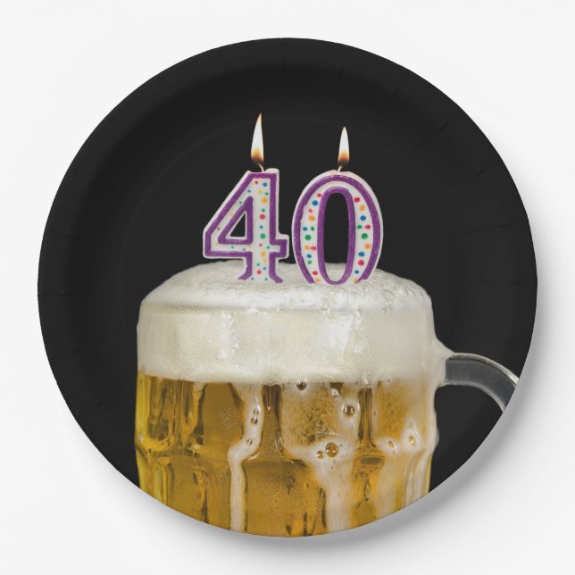 40th Birthday Beer on black Paper Plate (Front)