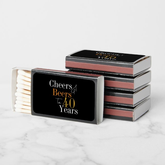 40th Birthday Beers and Cheers Black Gold Party Matchboxes (Stacked)