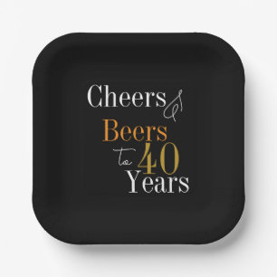 40th Birthday Beers and Cheers Black Gold Party Paper Plates