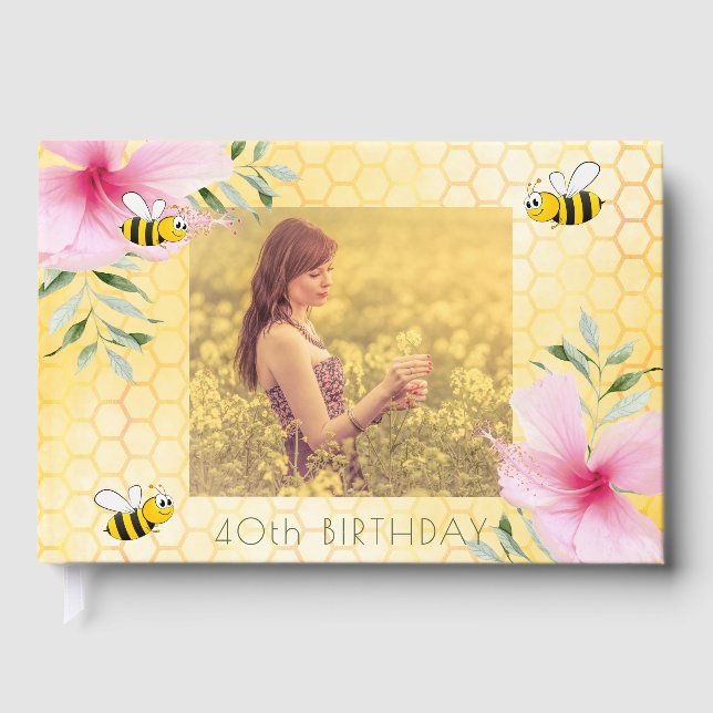 40th birthday bees honeycomb pink floral photo guest book (Front)
