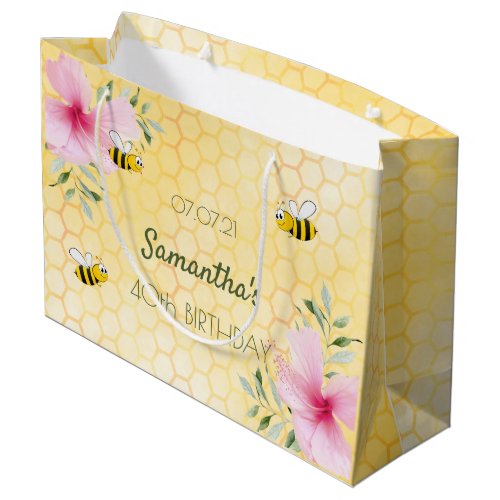 40th Birthday bees honeycomb pink florals Large Gift Bag
