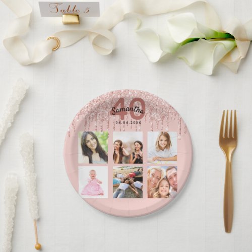 40th birthday bkush rose gold glitter photo paper plates