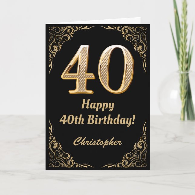 40th Birthday Black and Gold Glitter Frame Card (Front)