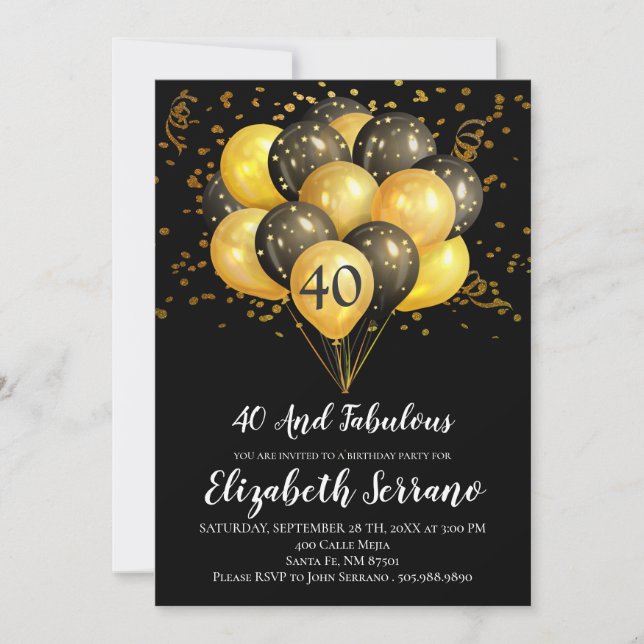 40th Birthday Black And Gold Invitation (Front)