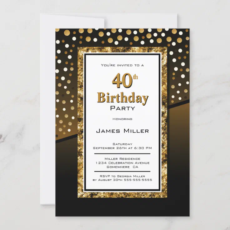 40th Birthday Black and Gold Invitation | Zazzle