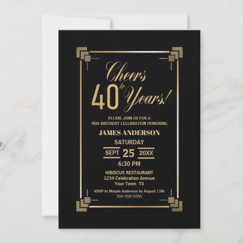 40th Birthday Black and Gold Party Invitation