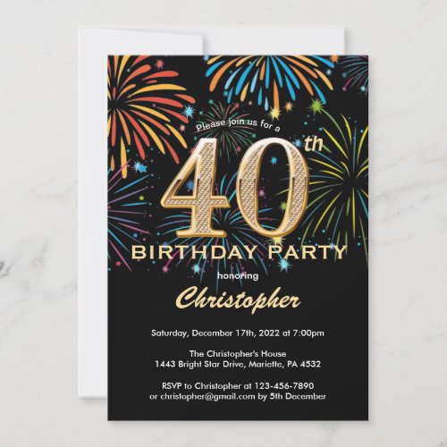 40th Birthday Black and Gold Rainbow Fireworks Invitation