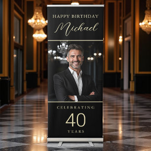 40th Birthday Black and Gold Script Photo Retractable Banner