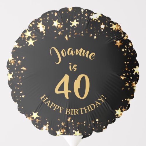 40th Birthday Black and Gold Stars Name Balloon