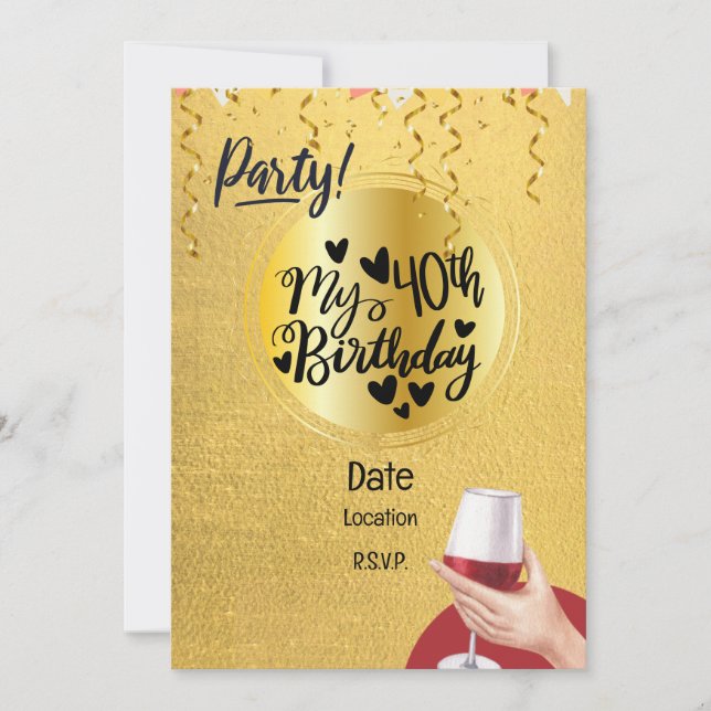 40th Birthday Black and Gold theme Invitation (Front)