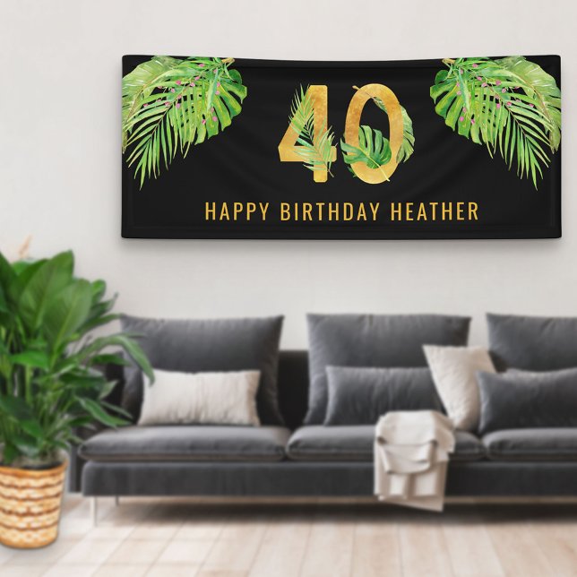 40th Birthday Black and Gold Tropical Leaves Party Banner (Creator Uploaded)