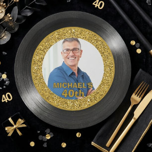 40th Birthday Black and Gold Vinyl Record Paper Plates