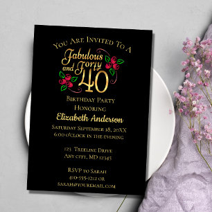 40th Birthday Black and Gold with Roses Invitation