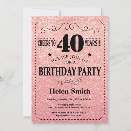 40th Birthday Black and Pink Rose Gold Glitter Invitation
