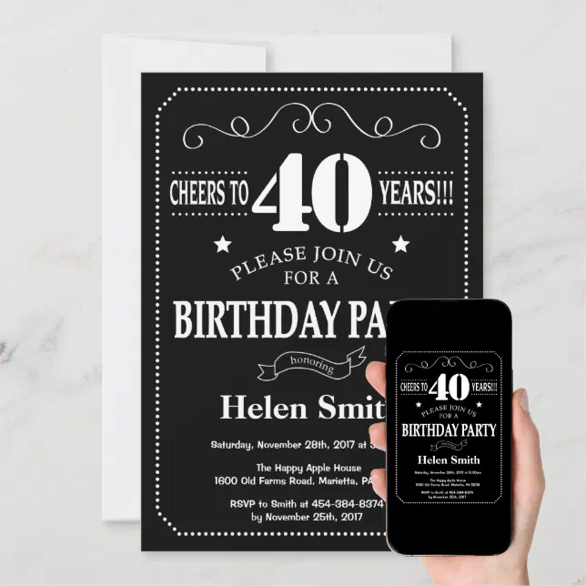 40th Birthday Black and White Chalkboard Invitation | Zazzle