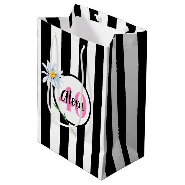 40th Birthday Black And White Stripes Medium Gift Bag (Front Angled)