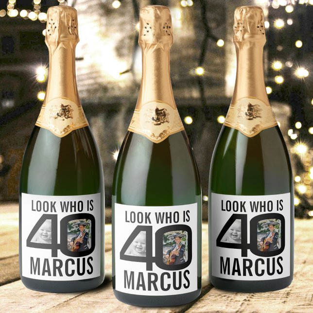 40th birthday black custom now then photo look sparkling wine label (Creator Uploaded)