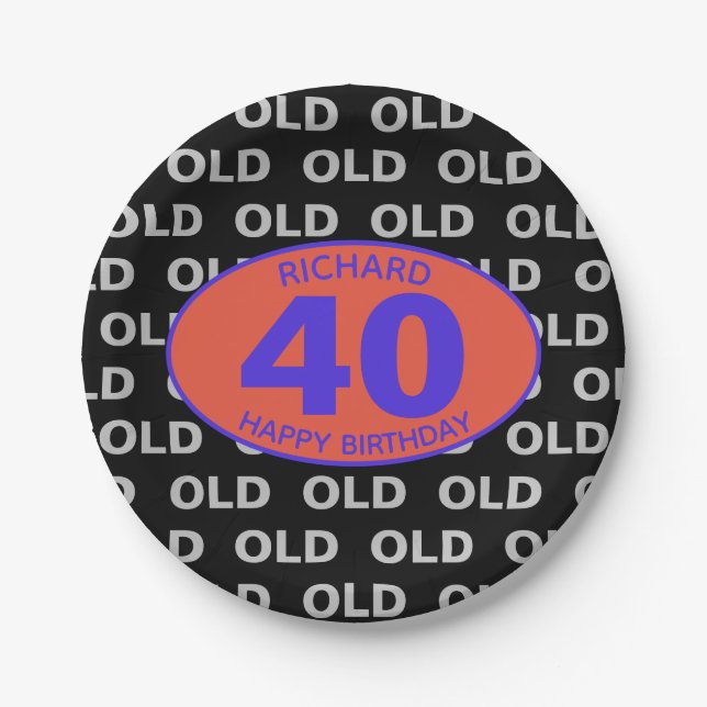 40th Birthday Black Funny OLD Fortieth Paper Plates (Front)