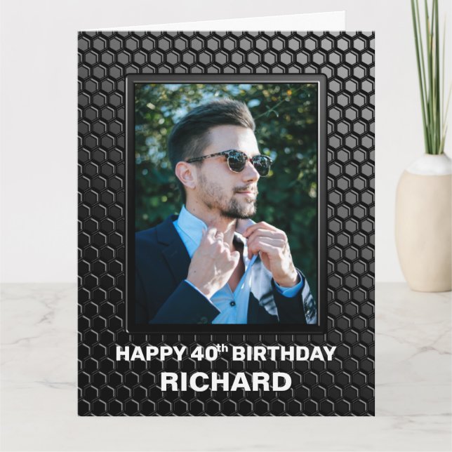 40th Birthday Black Geometric Pattern Custom Photo Card (Front)