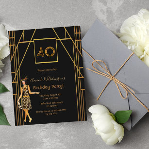 40th birthday black gold art deco style invitation postcard