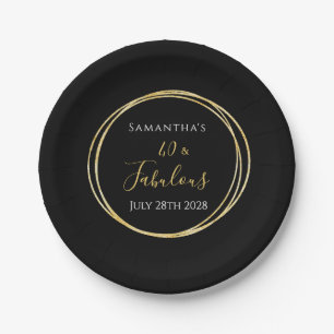 40th Birthday Black Gold Birthday Party Paper Plates