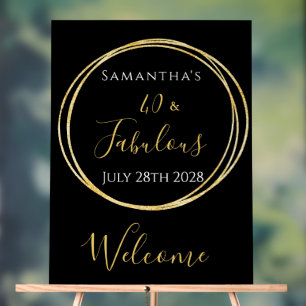 40th Birthday Black Gold Birthday Party Welcome Acrylic Sign